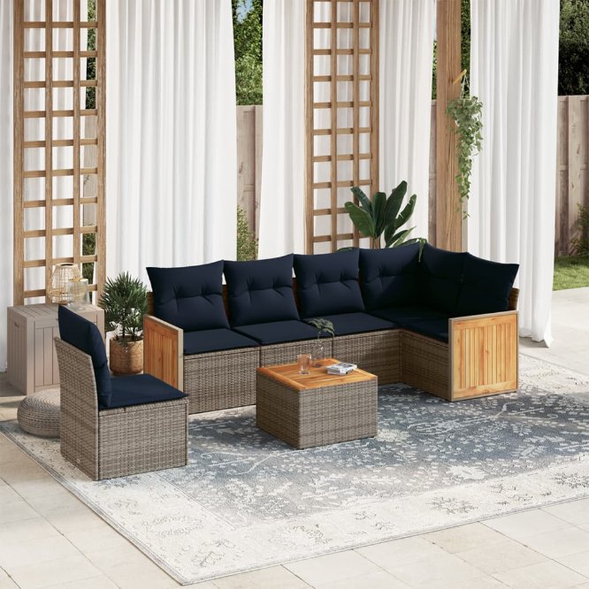 7-teiliges Gartensofa-Set mit Kissen, grau, Polyrattan 7-teiliges Gartensofa-Set mit Kissen, grau, Polyrattan
