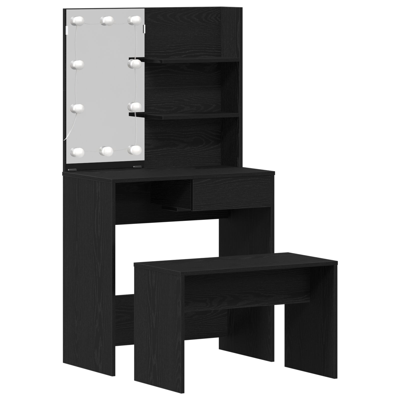 Frisiertisch-Set mit LED Schwarze Eiche Möbelwerkstoff, LED Frisiertisch in Schwarzer Eiche - 74,5x40x141 cm, aus Möbelwerkstoff gefertigt, Frisiertuhl Schwarze Eiche 70x35x45 cm Möbelwerkstoff