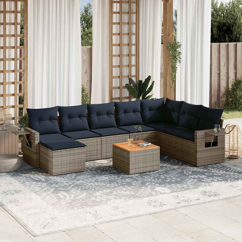 9-teiliges Gartensofa-Set mit Kissen, grau, Polyrattan 9-teiliges Gartensofa-Set mit Kissen, grau, Polyrattan