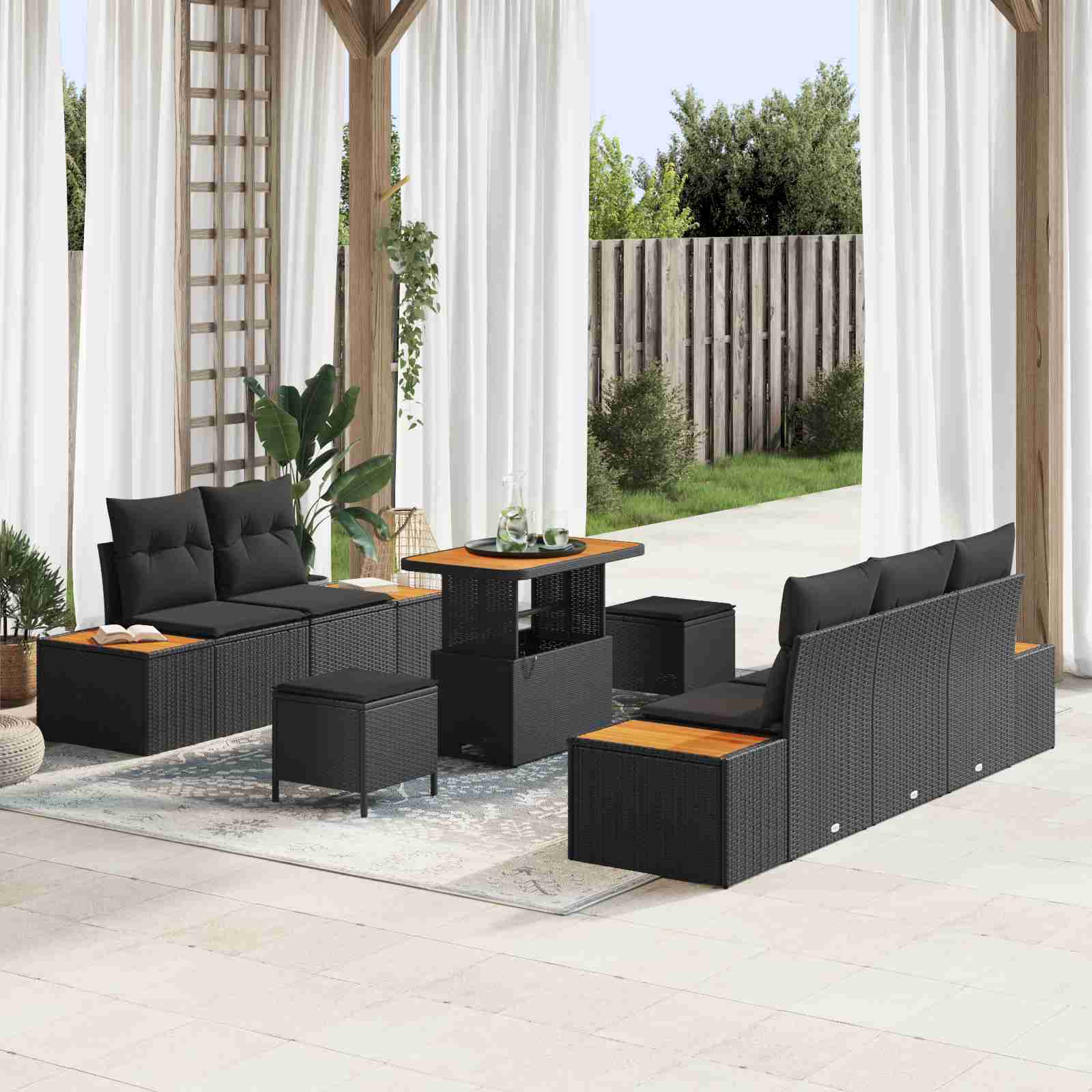 8-teiliges Garten-Sofa-Set mit Kissen Schwarz Poly-Rattan Akazie