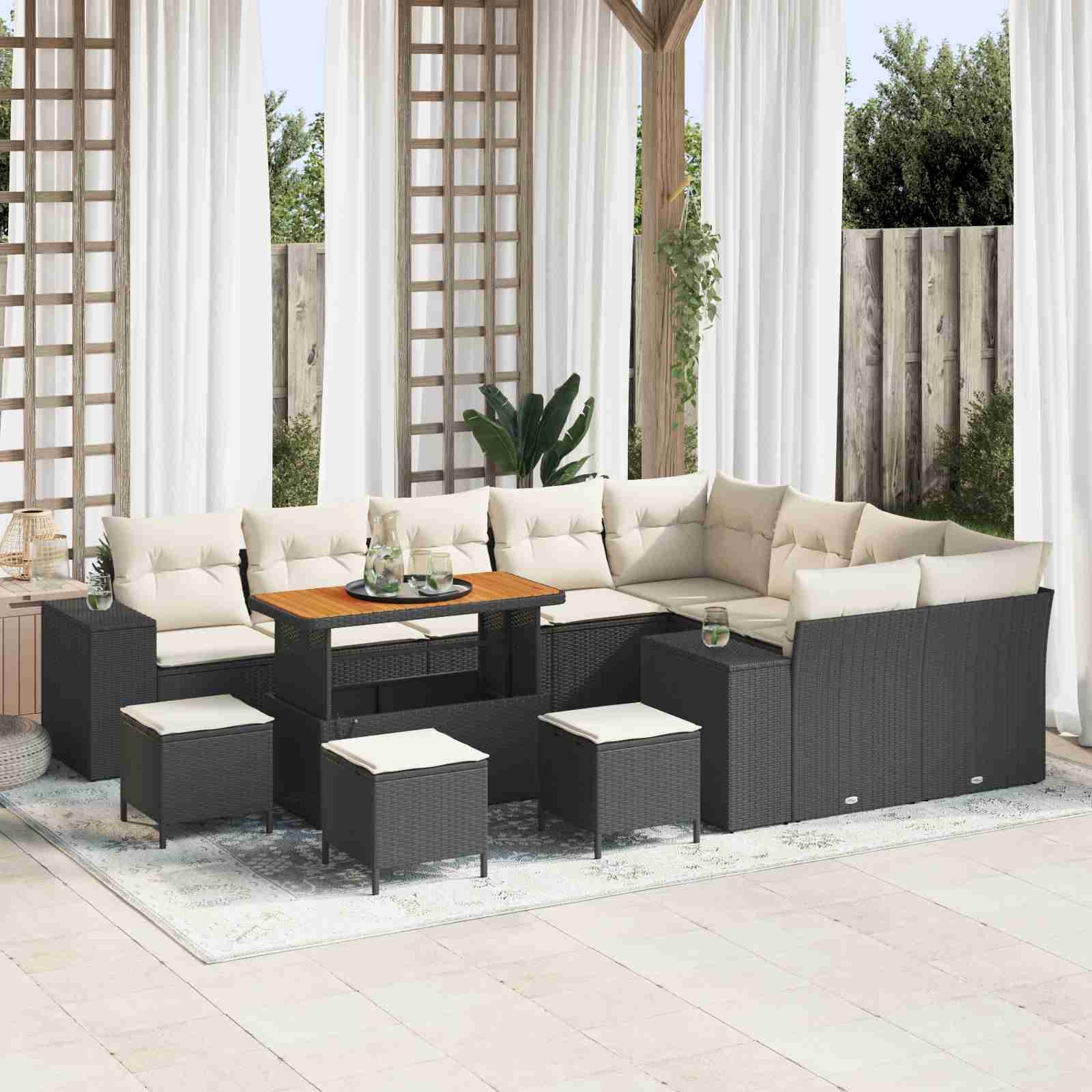 13-teilige Garten Sofaset mit Kissen Schwarz Poly Rattan Akazie