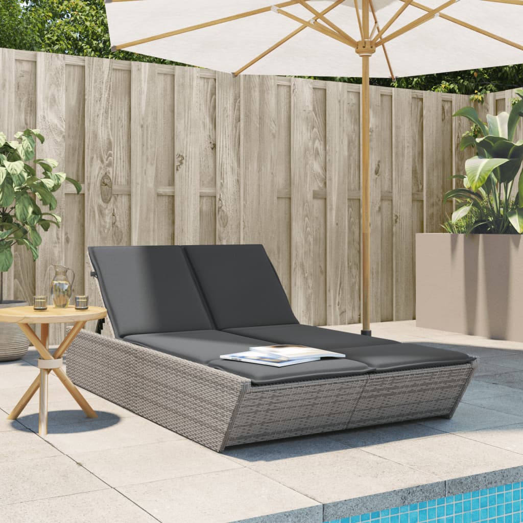 Doppel-Sonnenliege mit Kissen Grau Poly Rattan Doppel-Sonnenliege mit Kissen Grau Poly Rattan