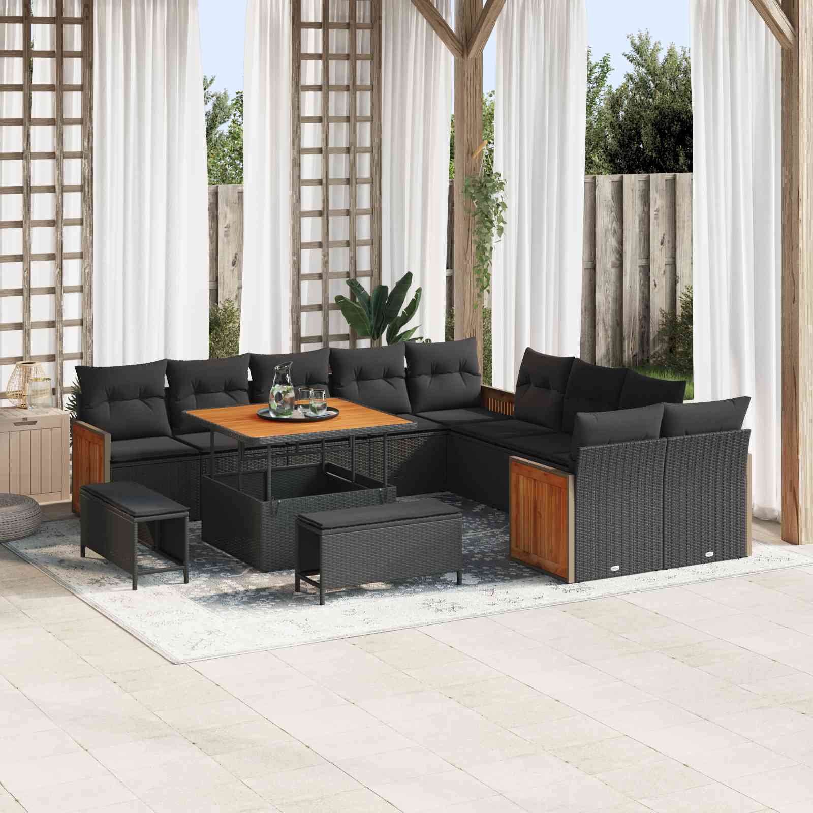 13-teiliges Gartensofa-Set mit Kissen Schwarz Poly-Rattan Akazie 13-teiliges Gartensofa-Set mit Kissen Schwarz Poly-Rattan Akazie
