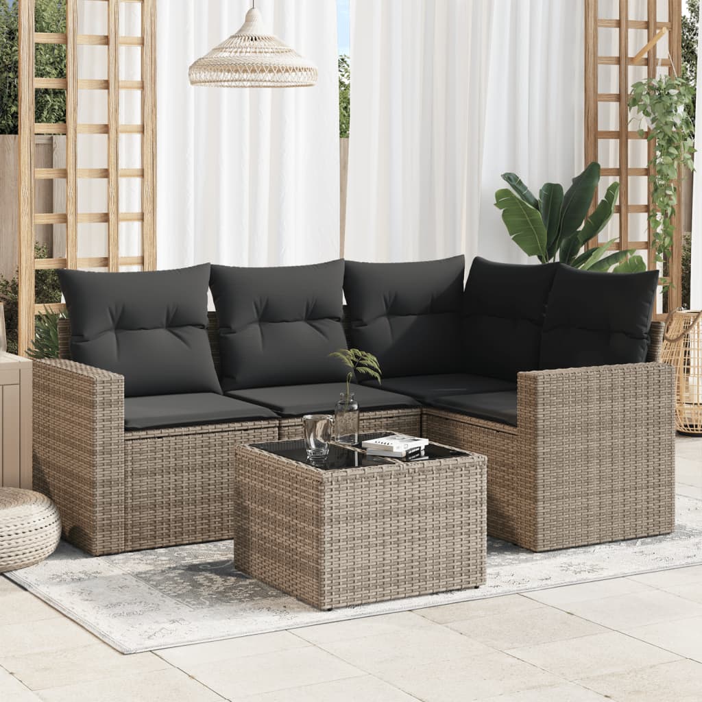 5-tlg. Garten-Sofagarnitur mit Kissen Grau Poly Rattan 5-tlg. Garten-Sofagarnitur mit Kissen Grau Poly Rattan
