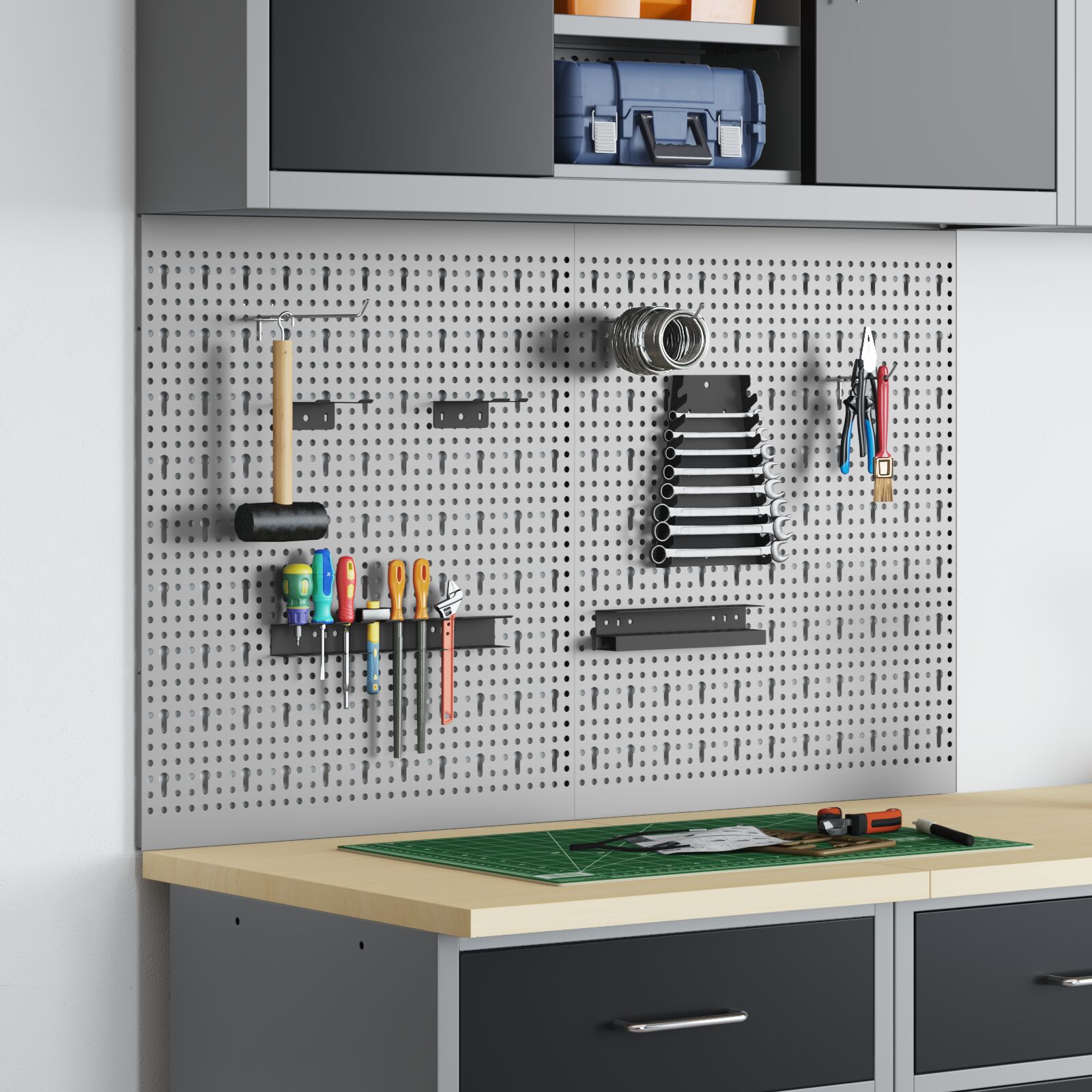 vidaXL Pegboards 2er Set mit 8 Zubehörteilen in Grau 50x60 cm aus Stahl
