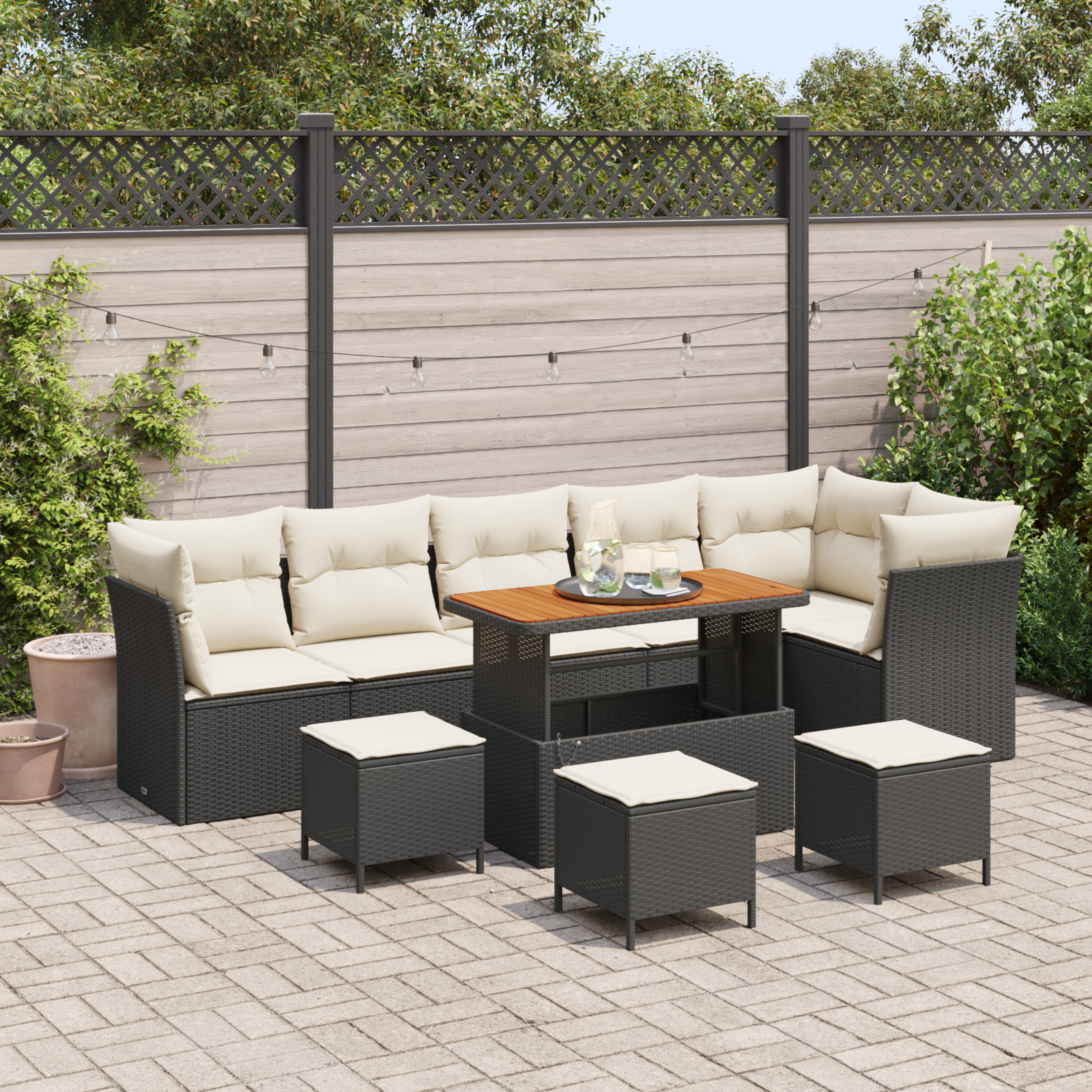 10-teilige Garten-Sofa-Set mit Kissen Schwarz Poly Rattan Akazie