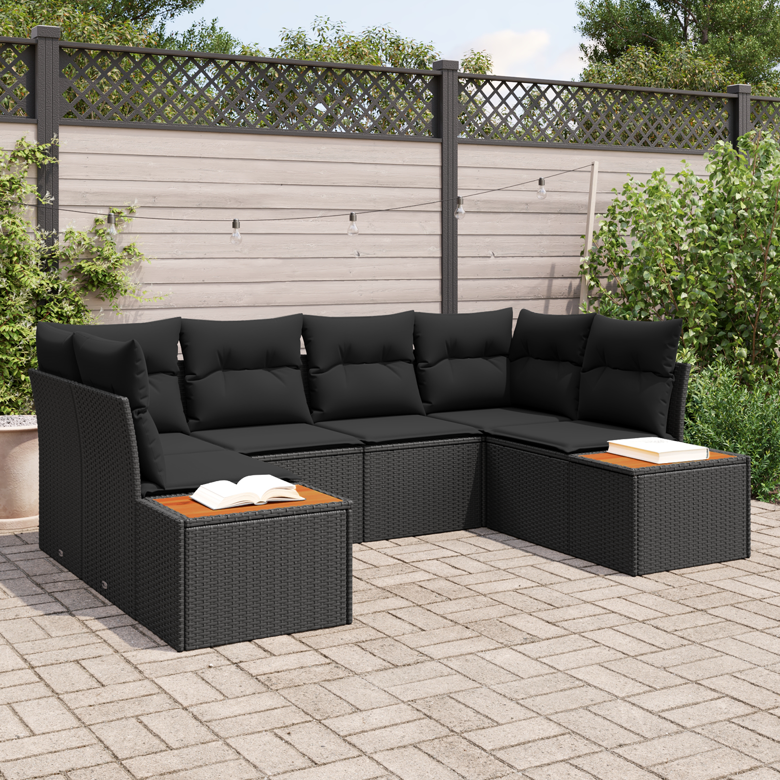 6-teiliges Garten-Sofaset mit Kissen Schwarz Poly-Rattan Akazie 6-teiliges Garten-Sofaset mit Kissen Schwarz Poly-Rattan Akazie