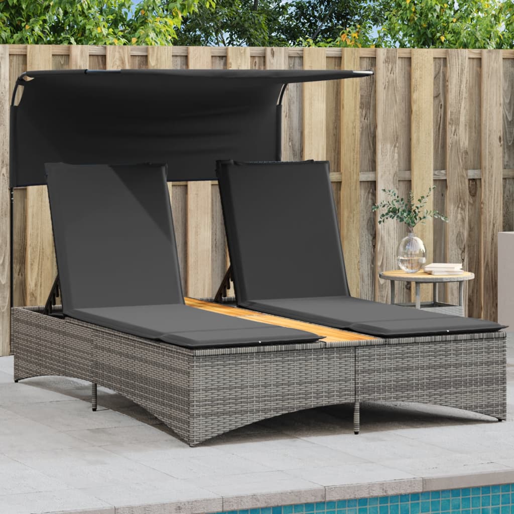 Doppel-Sonnenliege mit Dach und Auflagen Grau Poly Rattan Doppel-Sonnenliege mit Dach und Auflagen Grau Poly Rattan