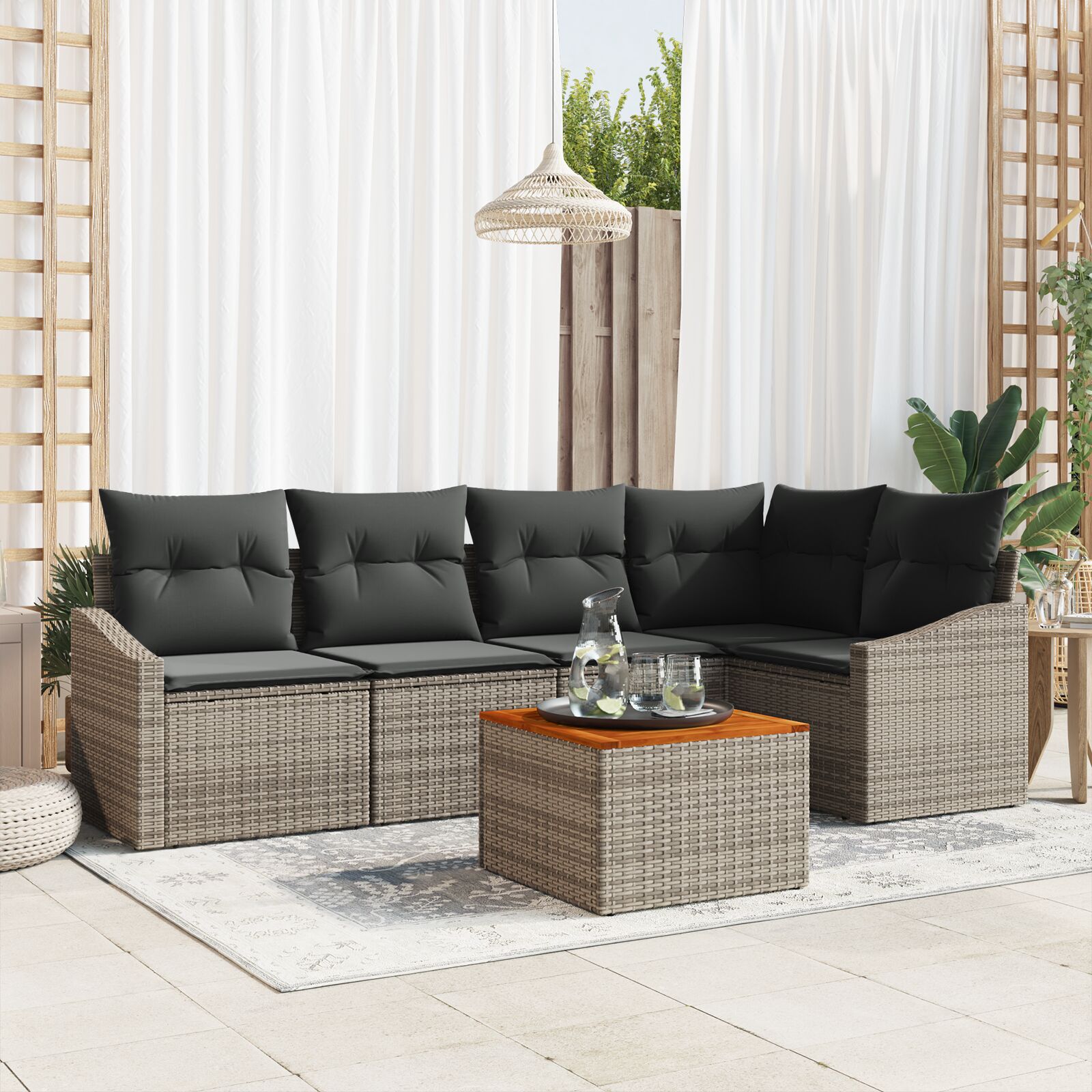 6-teiliges Garten-Sofa-Set mit Kissen Grau Poly-Rattan Akazie