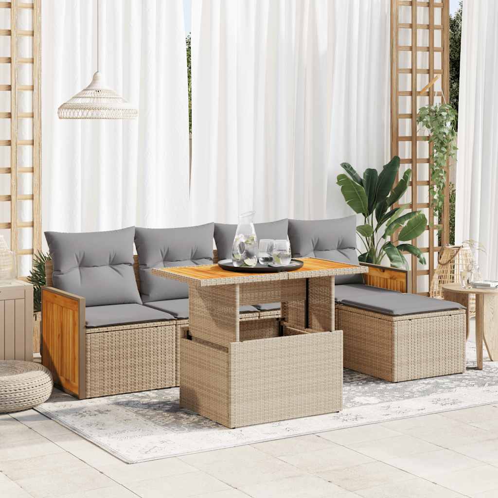 6-tlg. Garten-Sofagarnitur mit Kissen Beige Poly Rattan Akazie 6-tlg. Garten-Sofagarnitur mit Kissen Beige Poly Rattan Akazie