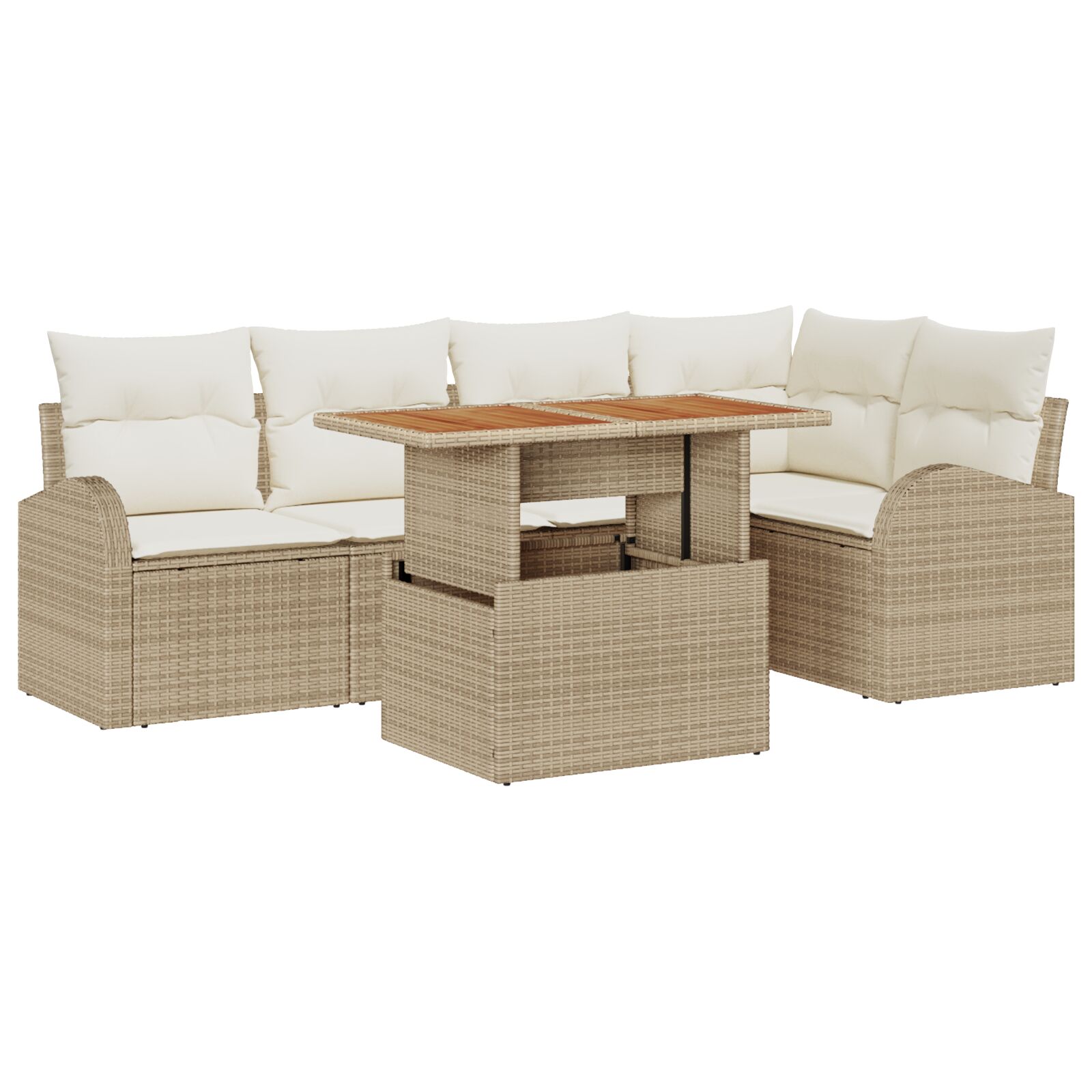 6-teiliges Garten Sofa Set mit Kissen Beige Poly Rattan, 2-Sitzer Garten Sofa mit Stauraum & Kissen Beige Poly Rattan