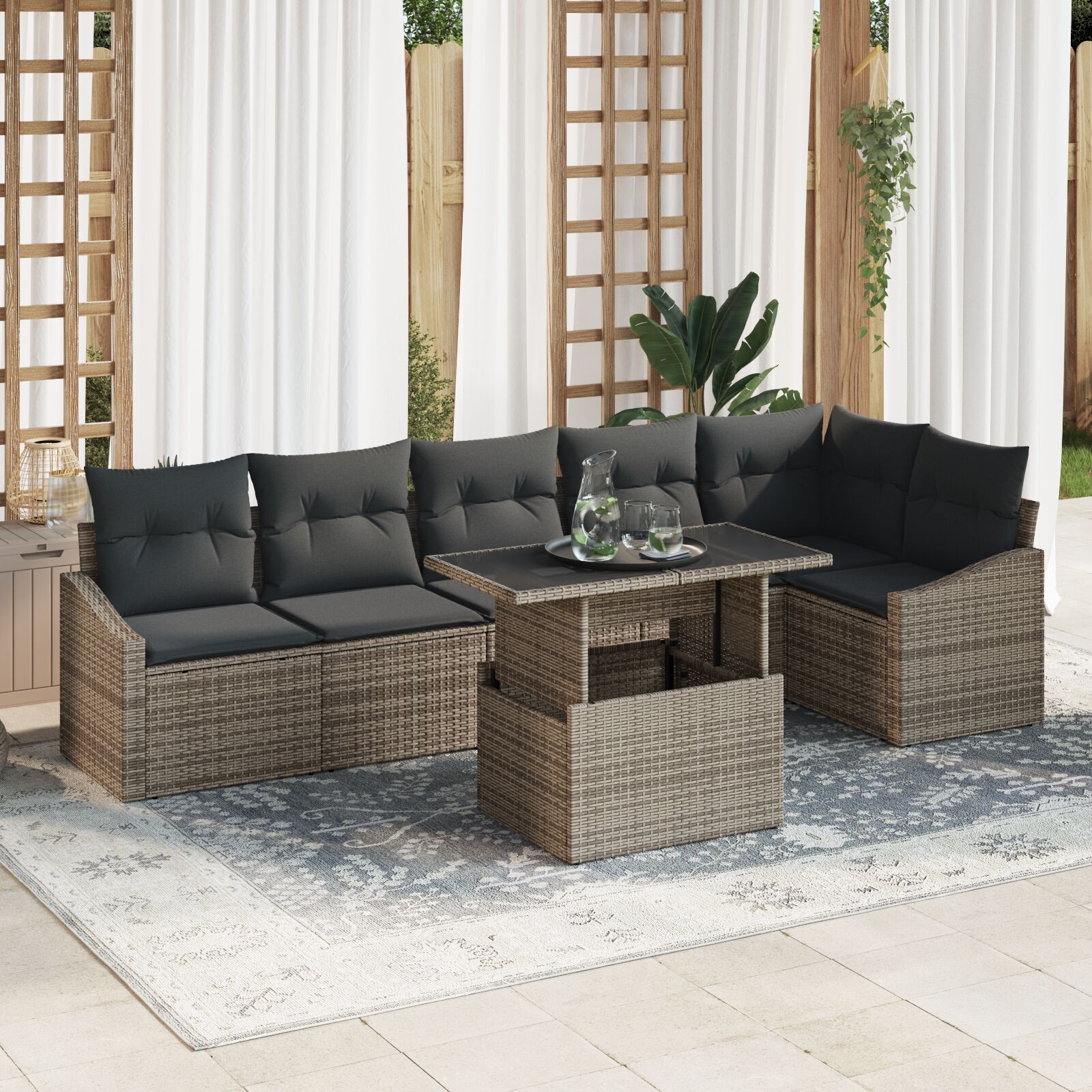 7-teiliges Garten Sofa Set mit Kissen Grau Poly Rattan 7-teiliges Garten Sofa Set mit Kissen Grau Poly Rattan