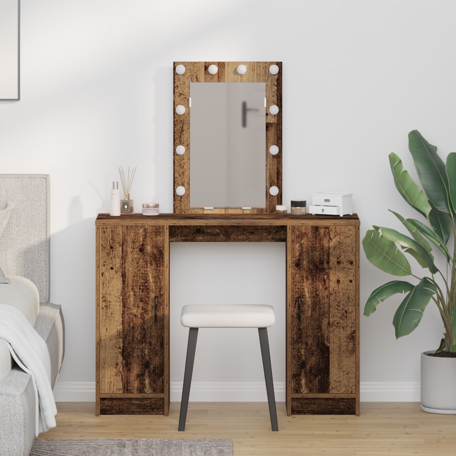 Frisiertisch mit LED-Lichtern Altholz 102x33x135 cm