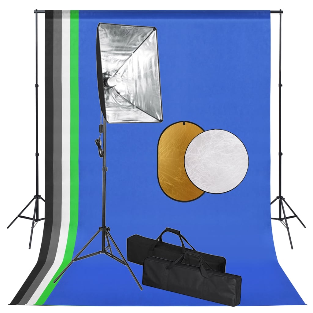 Fotostudio-Set mit Softbox-Lampen, Hintergrund und Reflektor Fotostudio-Set mit Softbox-Lampen, Hintergrund und Reflektor