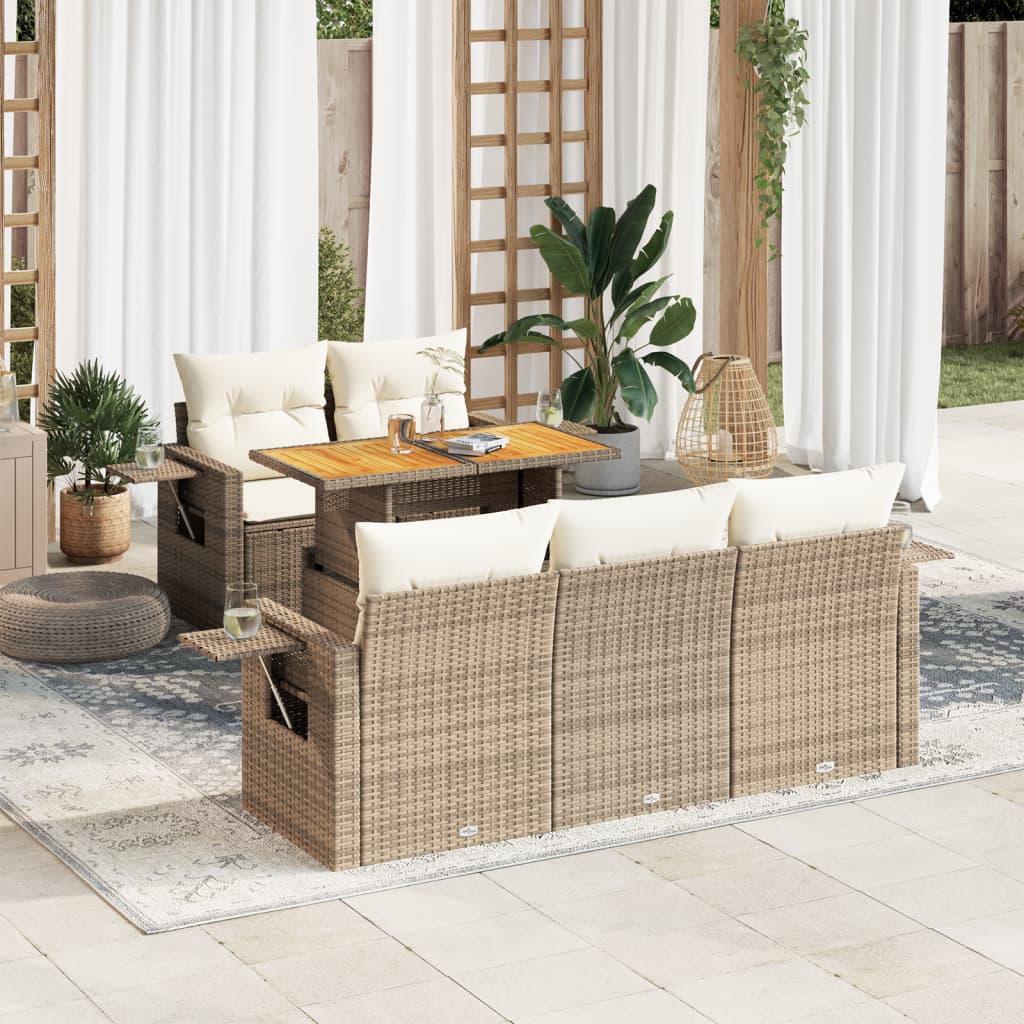 6-tlg. Garten-Sofagarnitur mit Kissen Beige Poly Rattan