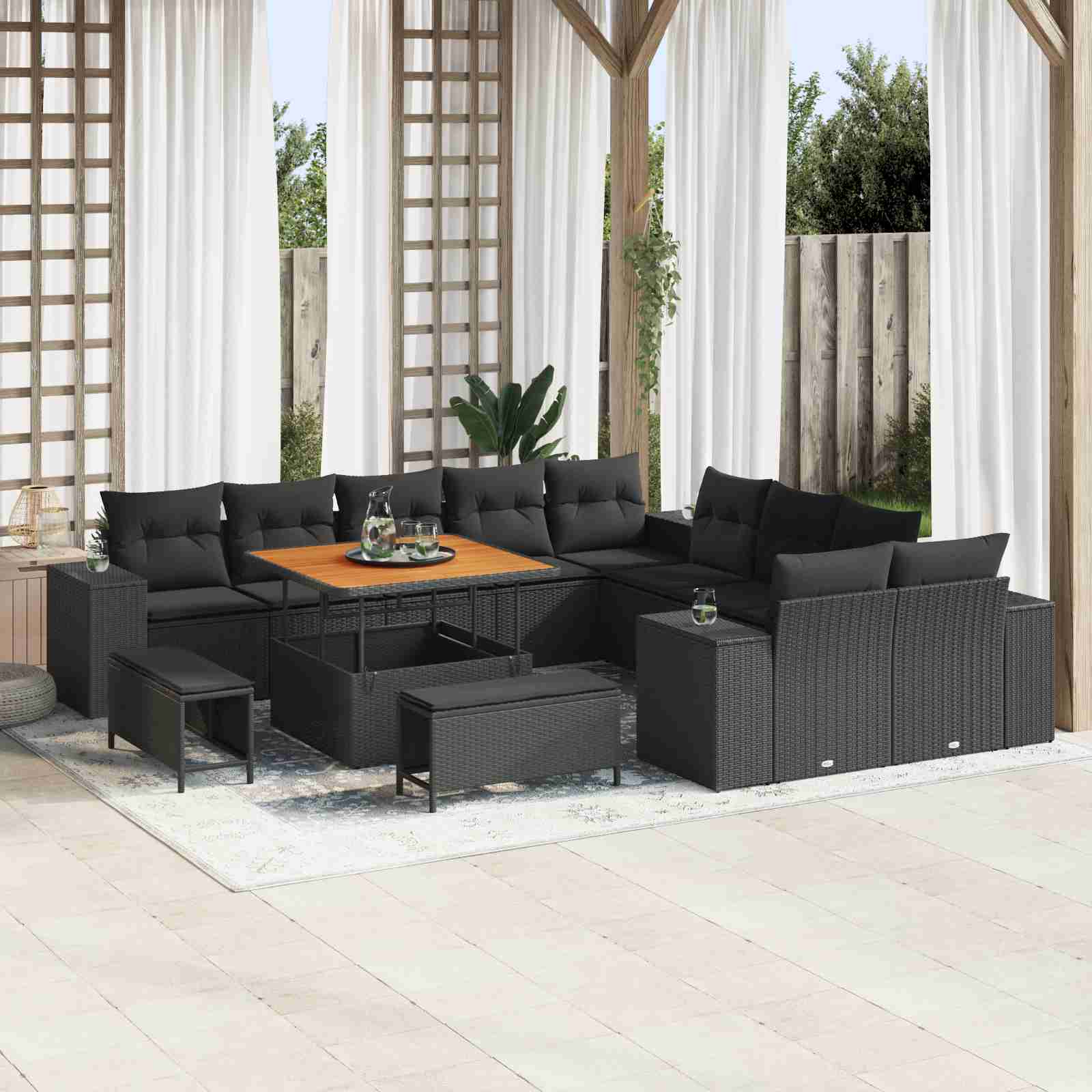 13-teiliges Garten Sofaset mit Kissen Schwarz Poly-Rattan Akazie 13-teiliges Garten Sofaset mit Kissen Schwarz Poly-Rattan Akazie