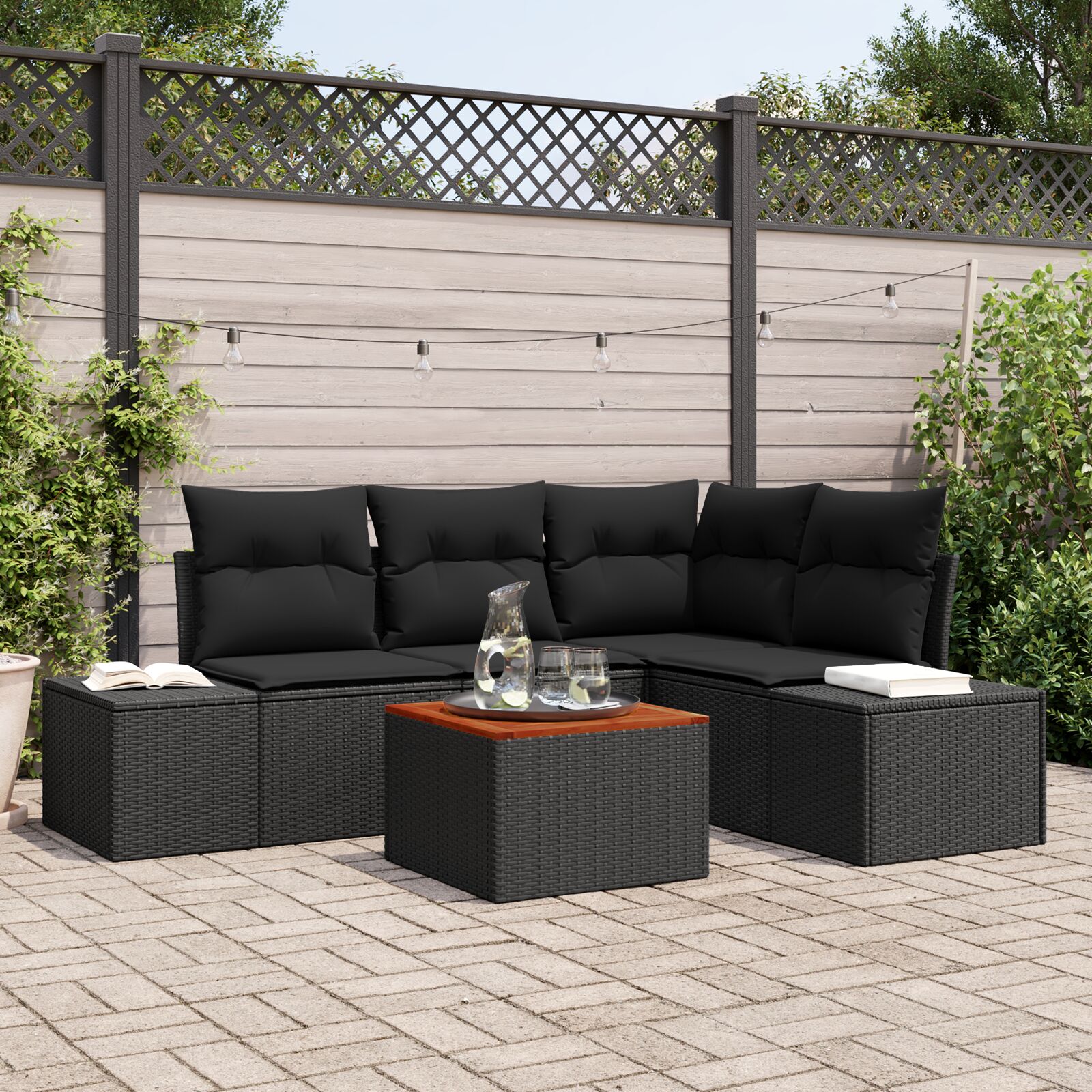Garten-Sofa-Set 5 Teile Schwarz Poly-Rattan, gehärtetes Glas, Stahl Garten-Sofa-Set 5 Teile Schwarz Poly-Rattan, gehärtetes Glas, Stahl