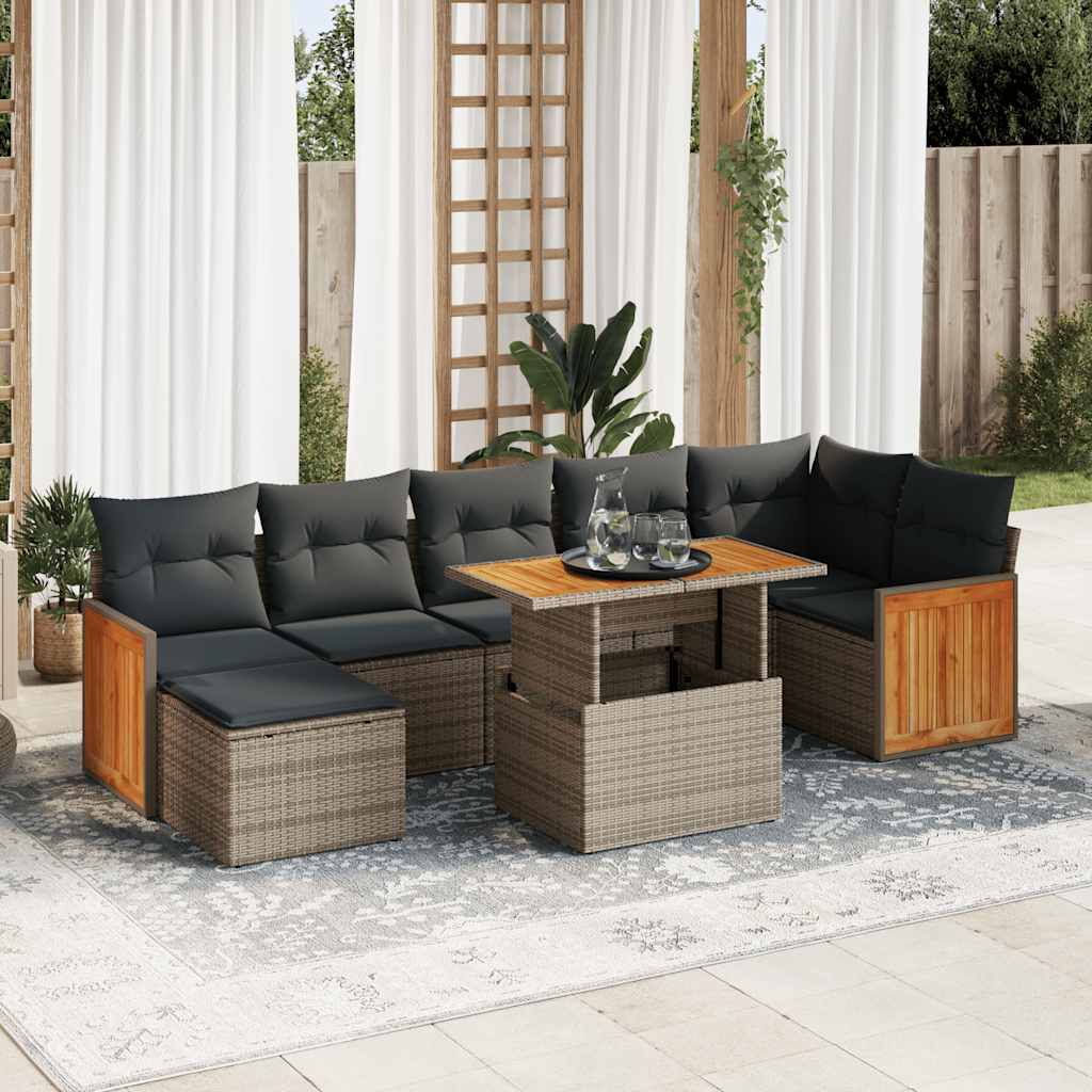 7-tlg. Garten-Sofagarnitur mit Kissen Grau Poly Rattan Akazie 7-tlg. Garten-Sofagarnitur mit Kissen Grau Poly Rattan Akazie