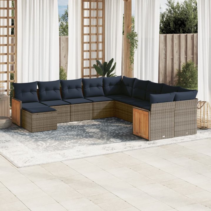 11-teiliges Gartensofa-Set mit Kissen, grau, Polyrattan