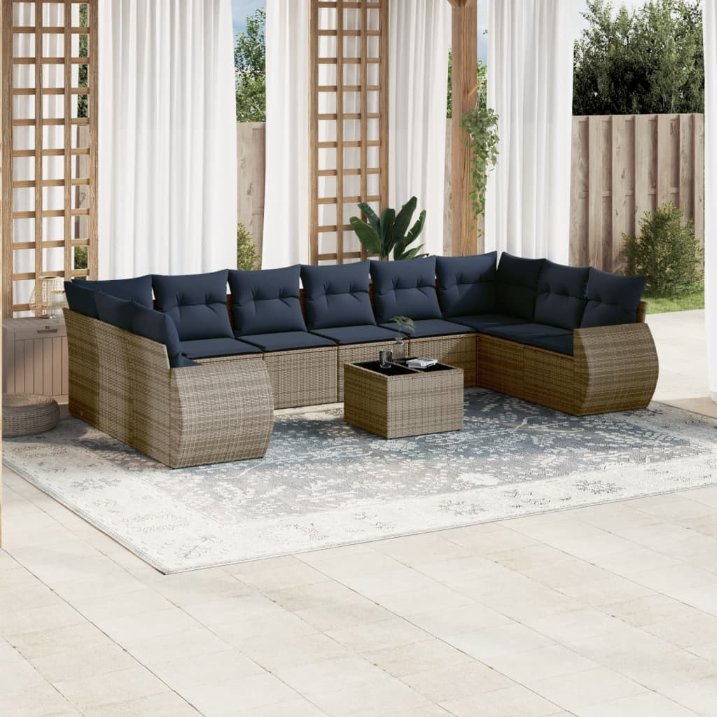11-teiliges Gartensofa-Set mit Kissen, grau, Polyrattan 11-teiliges Gartensofa-Set mit Kissen, grau, Polyrattan