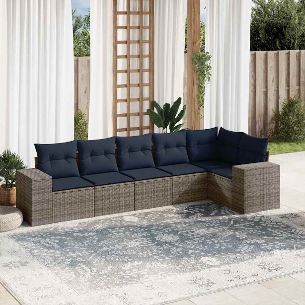 6-teiliges Gartensofa-Set mit Kissen, grau, Polyrattan 6-teiliges Gartensofa-Set mit Kissen, grau, Polyrattan