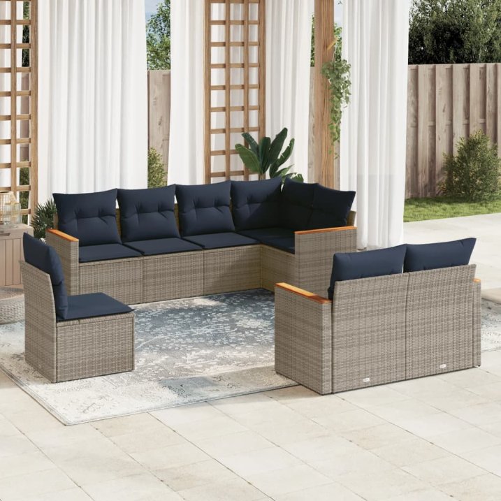 8-teiliges Gartensofa-Set mit Kissen, grau, Polyrattan