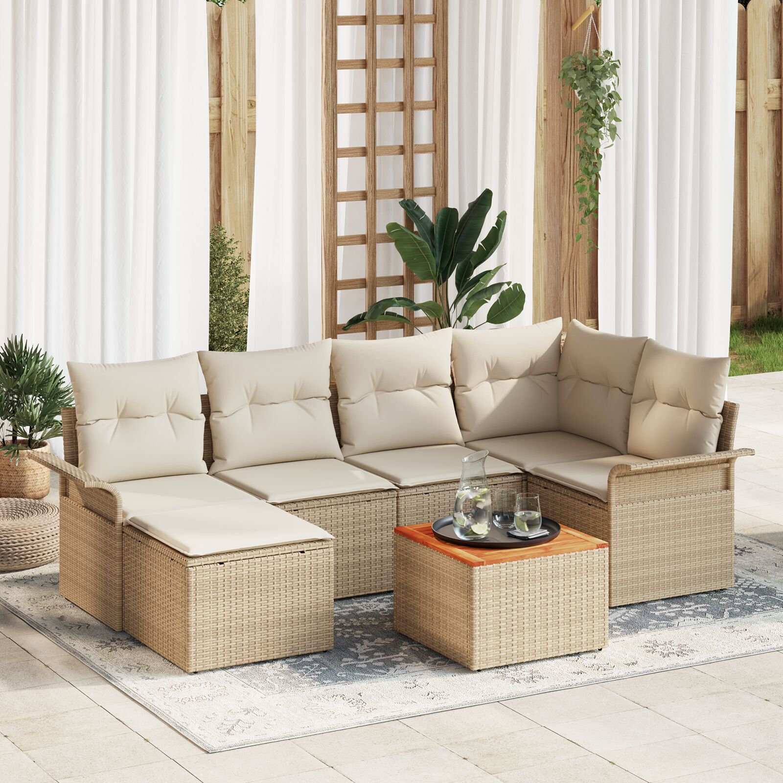 7-teiliges Garten Sofa Set mit Kissen Beige Poly Rattan Akazie