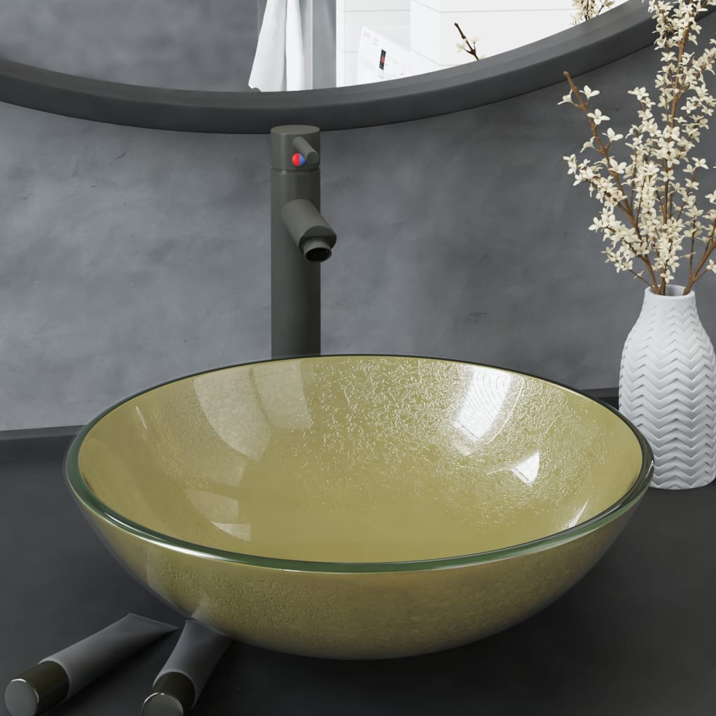 Badezimmer Waschbecken mit Wasserhahn und Ablaufgarnitur Gold gehärtetes Glas