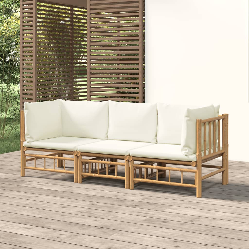 3-tlg. Garten-Lounge-Set mit Cremeweißen Kissen Bambus 3-tlg. Garten-Lounge-Set mit Cremeweißen Kissen Bambus