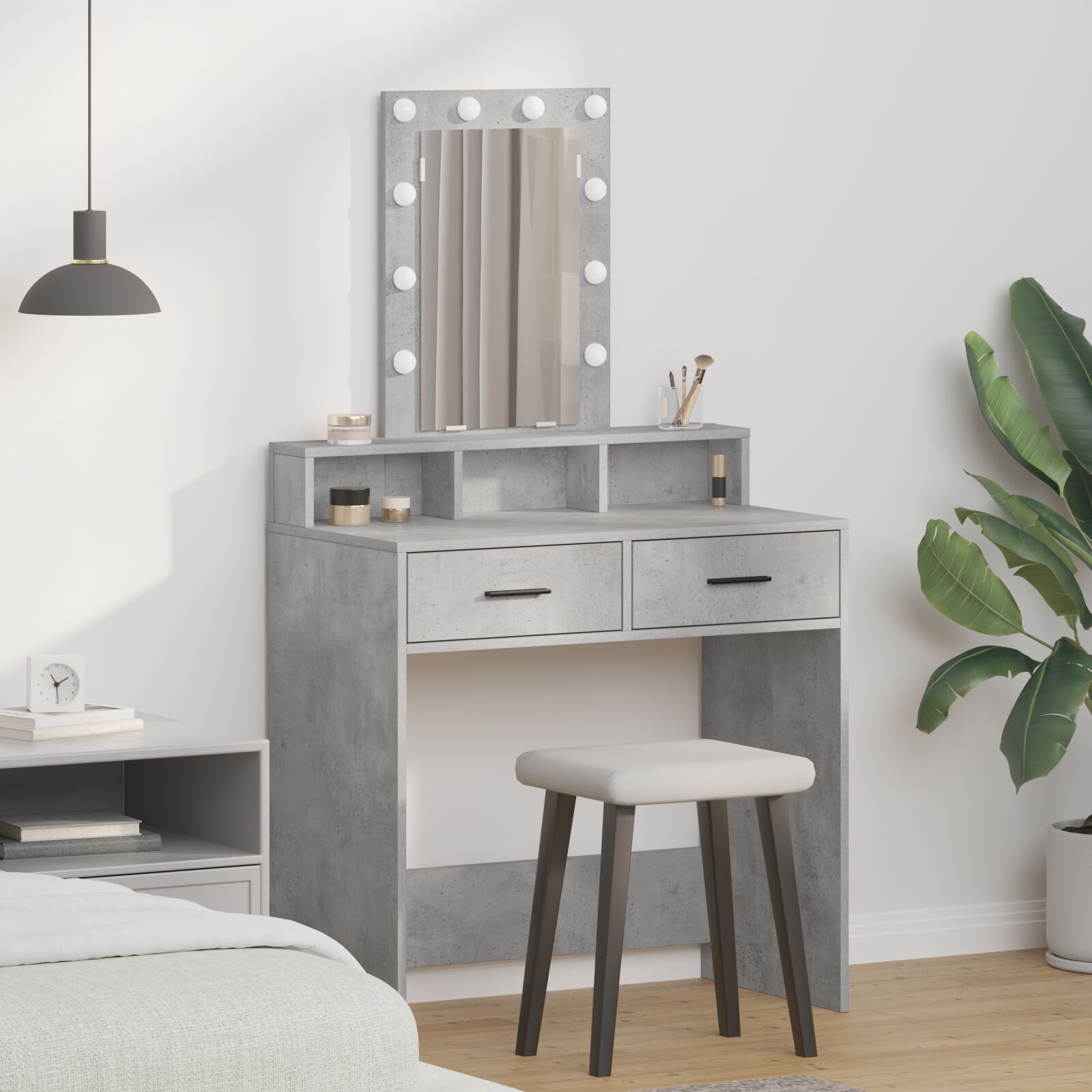 vidaXL Schminktisch mit LED-Lichtern in Beton Grau, 79x41x140 cm