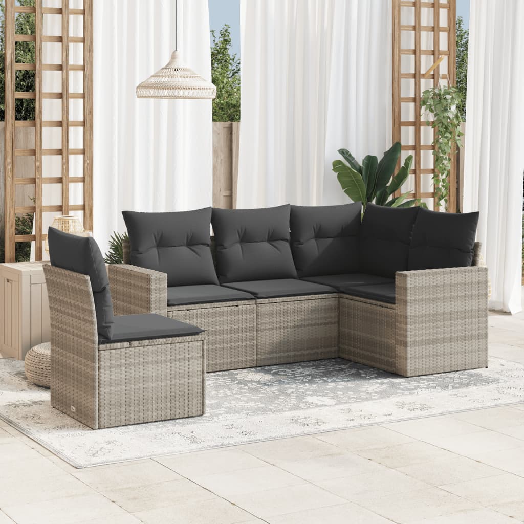 5-tlg. Garten-Sofagarnitur mit Kissen Hellgrau Poly Rattan 5-tlg. Garten-Sofagarnitur mit Kissen Hellgrau Poly Rattan