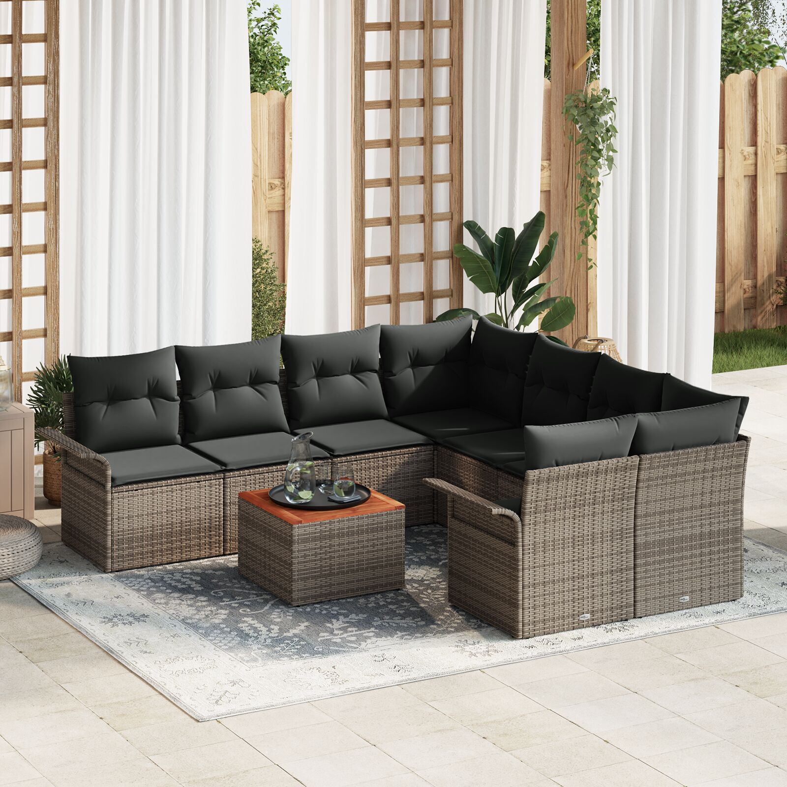 9-teiliges Garten Sofa Set mit Kissen Grau Poly-Rattan Akazie