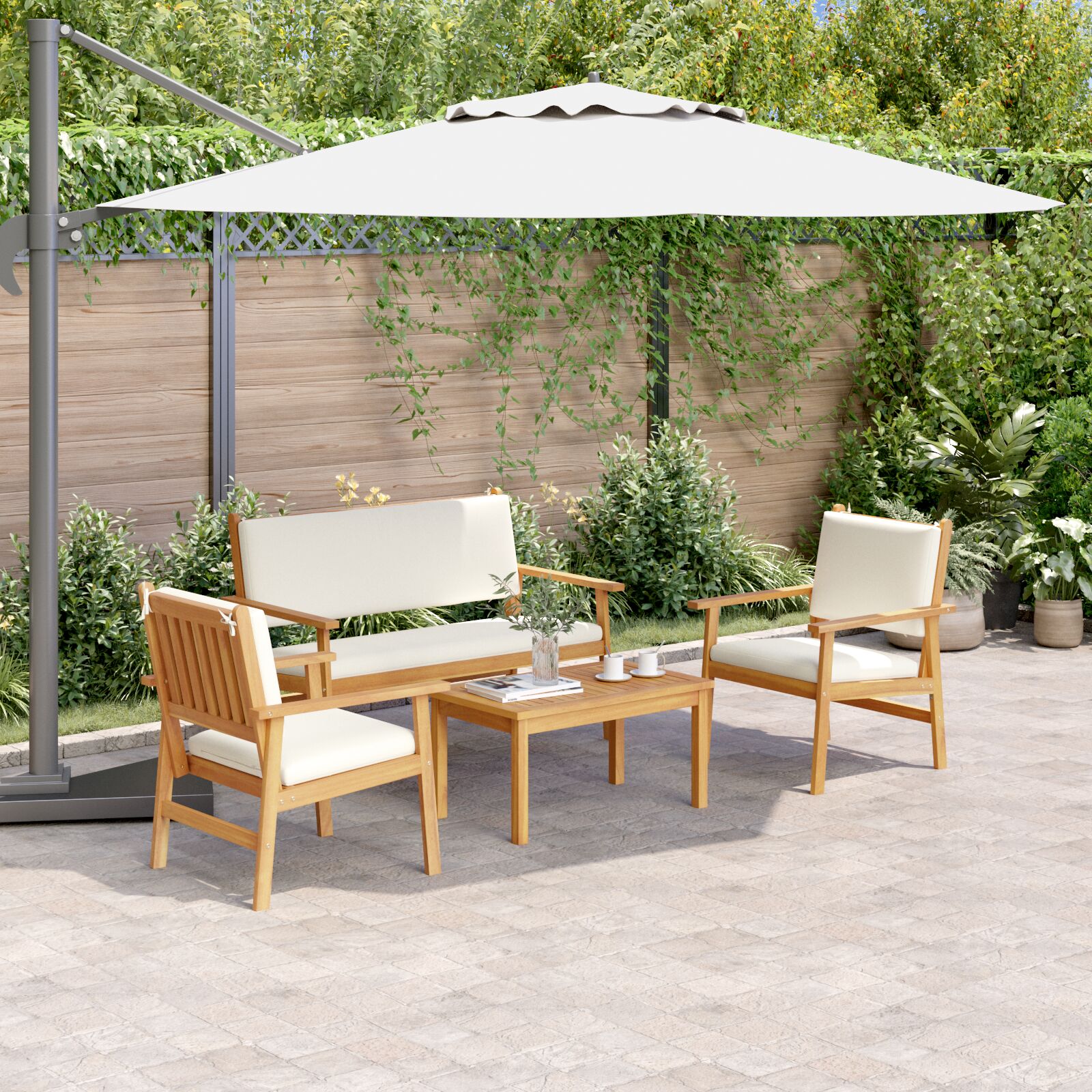 vidaXL 4-teiliges Garten-Sofa-Set mit Kissen aus massivem Akazienholz vidaXL 4-teiliges Garten-Sofa-Set mit Kissen aus massivem Akazienholz