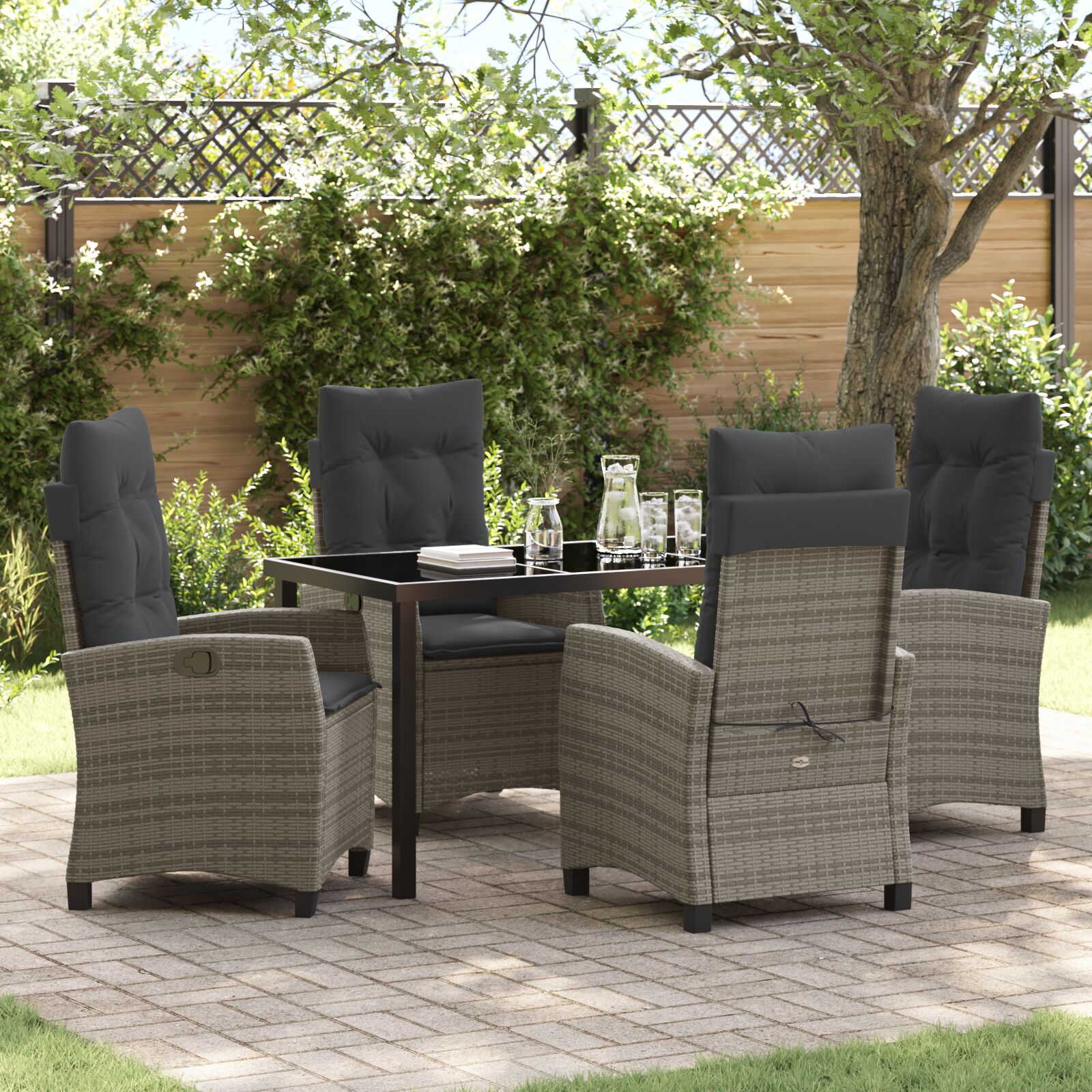 5-teiliges Garten-Ess-Set mit Kissen Grau Poly Rattan