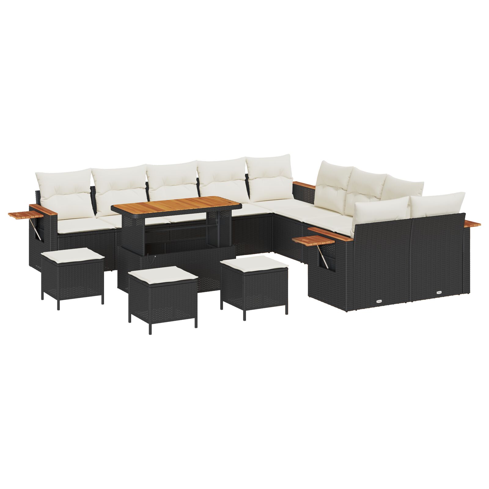 14-teiliges Garten-Sofa-Set mit Kissen in Schwarz Poly-Rattan Akazie, 4-teiliges Garten-Ess-Set mit Kissen in Schwarz Poly-Rattan Akazie