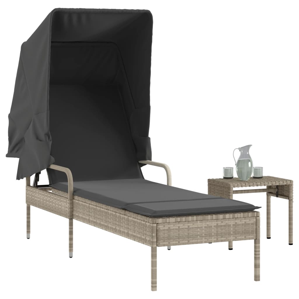 Sonnenliege mit Dach und Tisch Hellgrau Poly Rattan Sonnenliege mit Dach und Tisch Hellgrau Poly Rattan