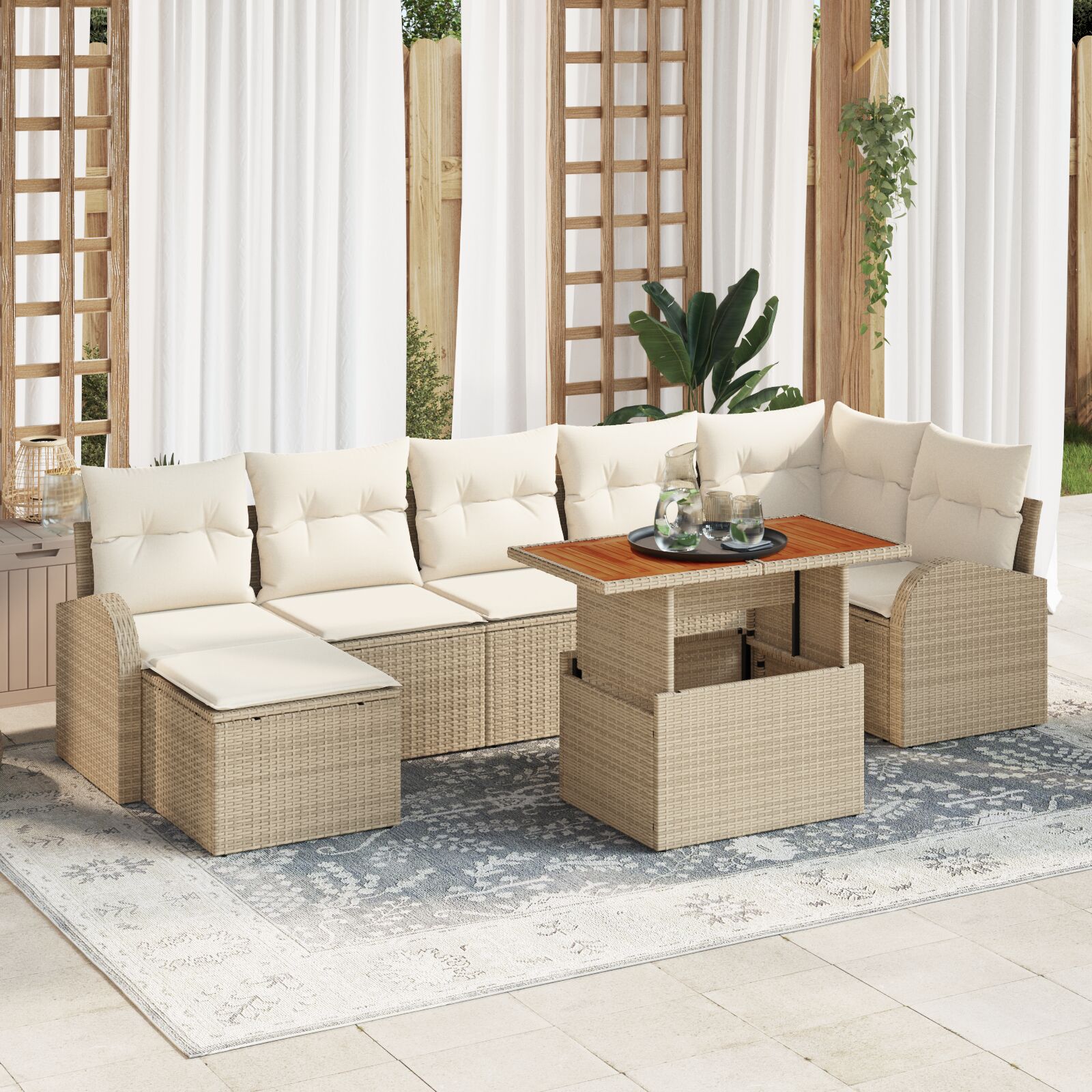 8-teiliges Garten-Esszimmer-Set mit Kissen Beige Poly Rattan Akazie