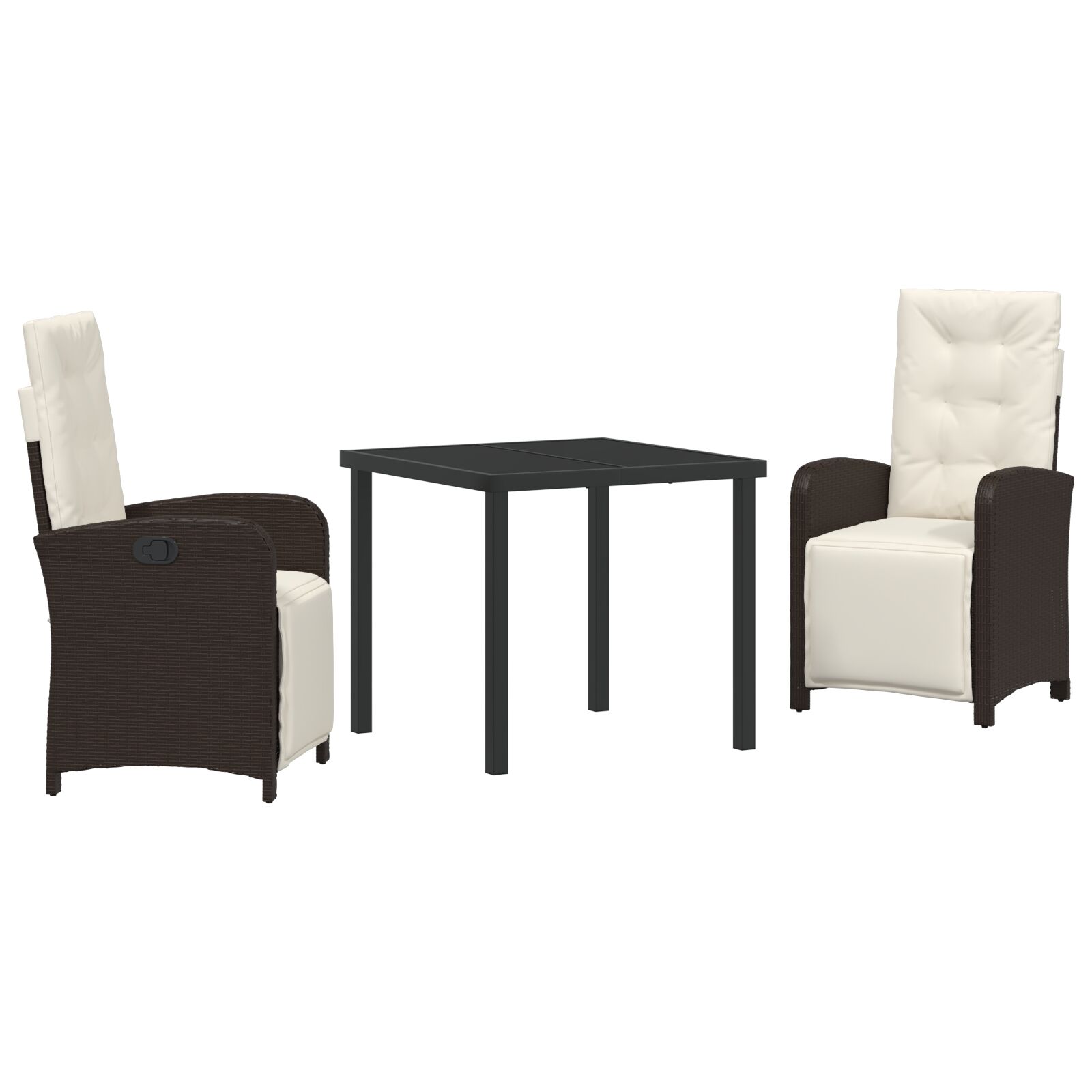 3-teiliges Garten Essset mit Kissen Braun Poly-Rattan, Gartentisch Schwarz 80x80x73 cm Gehärtetes Glas