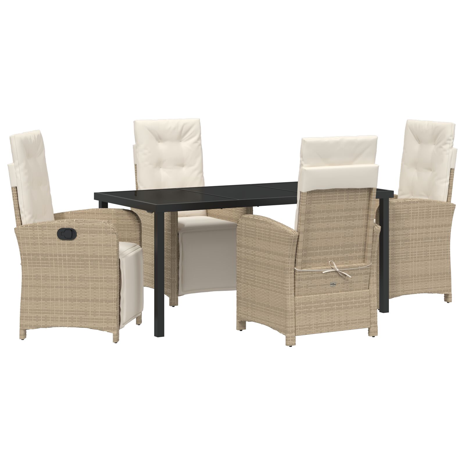 5-teiliges Garten Essset mit Kissen in Beige Poly Rattan, Gartentisch Schwarz 160x80x73 cm Tempered Glass