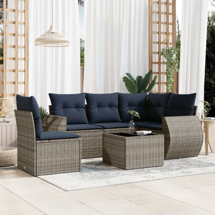 6-teiliges Gartensofa-Set mit Kissen, grau, Polyrattan 6-teiliges Gartensofa-Set mit Kissen, grau, Polyrattan