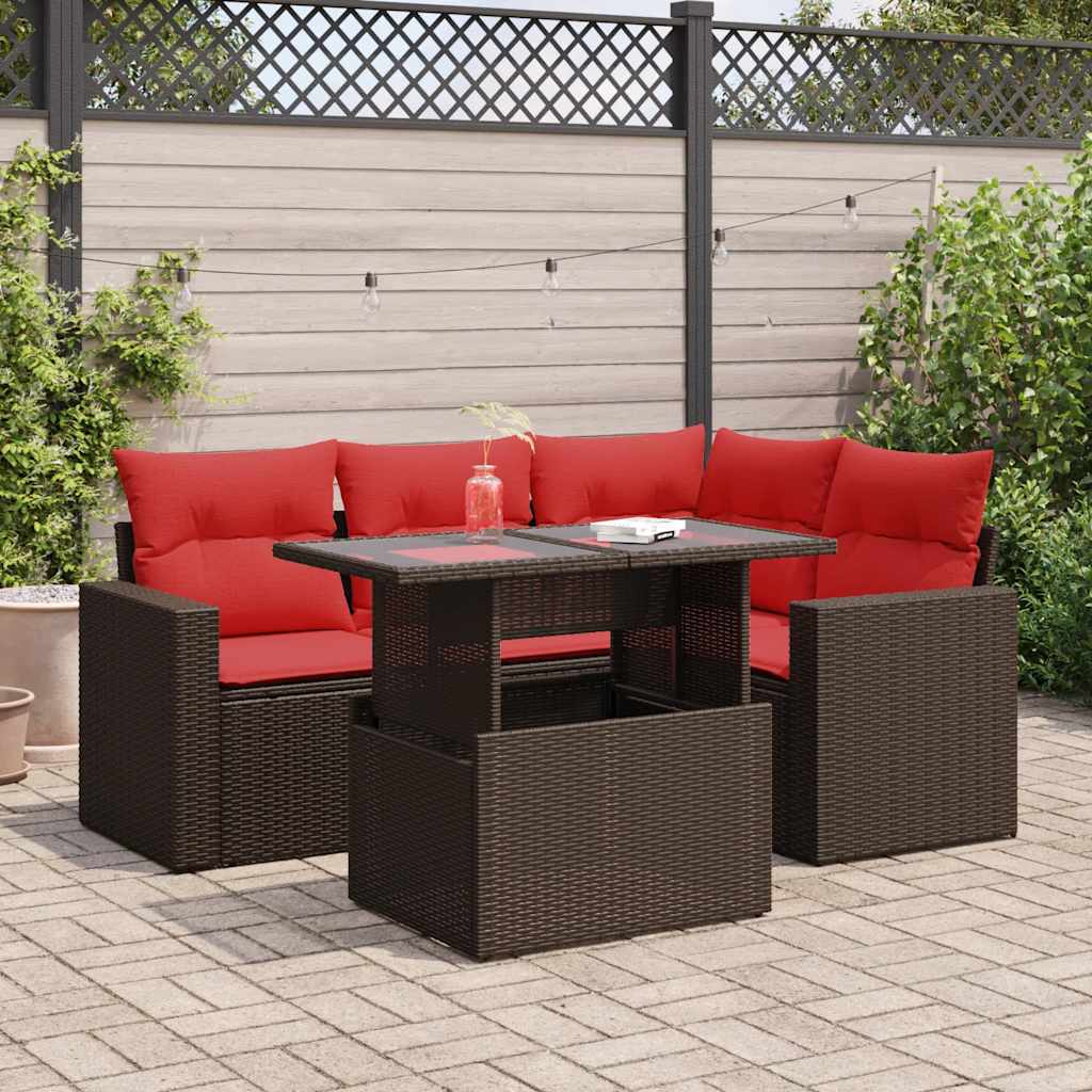 5-tlg. Garten-Sofagarnitur mit Kissen Braun Poly Rattan Akazie 5-tlg. Garten-Sofagarnitur mit Kissen Braun Poly Rattan Akazie