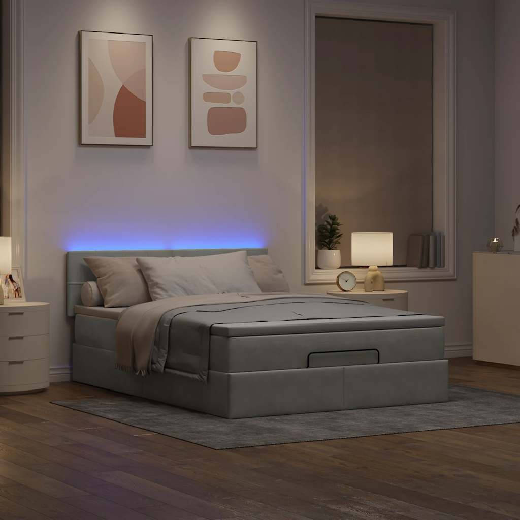 Ottoman-Bett mit Matratze & LEDs Hellgrau 140x200 cm Samt