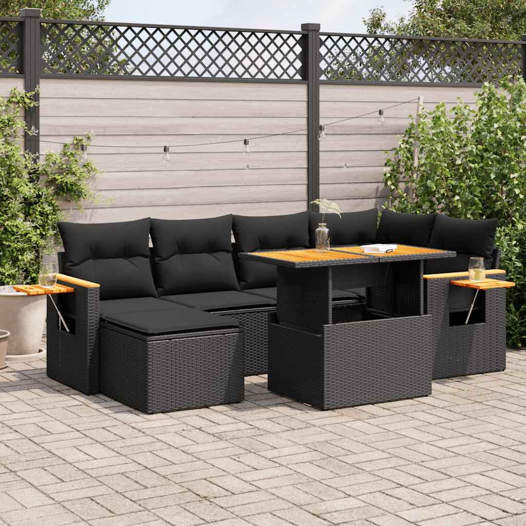 7-tlg. Garten-Sofagarnitur mit Kissen Schwarz Poly Rattan 7-tlg. Garten-Sofagarnitur mit Kissen Schwarz Poly Rattan