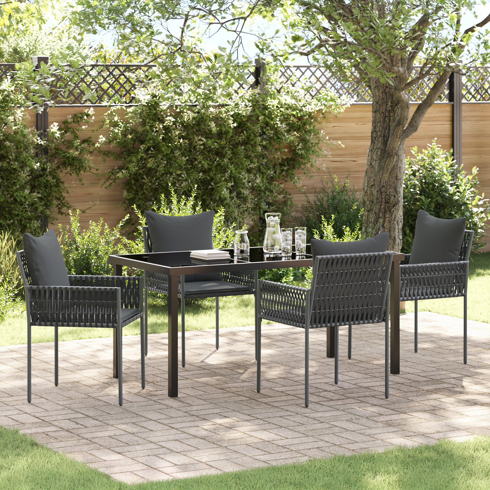 5-teiliges Garten-Ess-Set mit Kissen Schwarz Poly-Rattan 5-teiliges Garten-Ess-Set mit Kissen Schwarz Poly-Rattan
