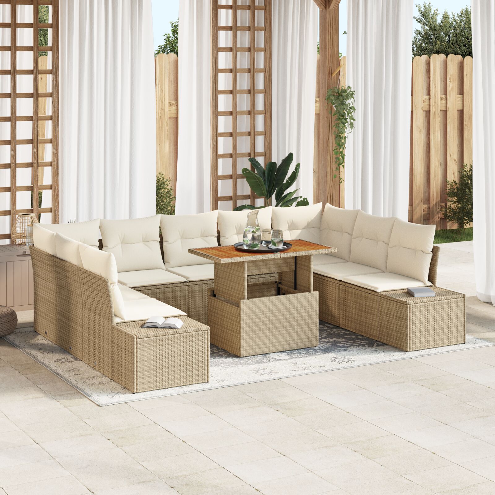 10-teiliges Garten-Sofa-Set mit Kissen Beige Poly-Rattan
