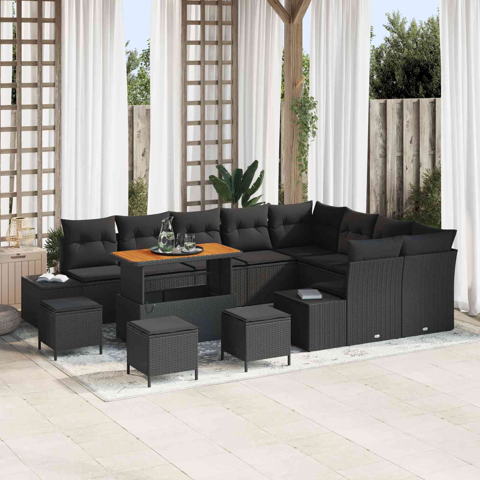 13-teiliges Garten-Sofa-Set mit Kissen Schwarz Poly-Rattan Akazie