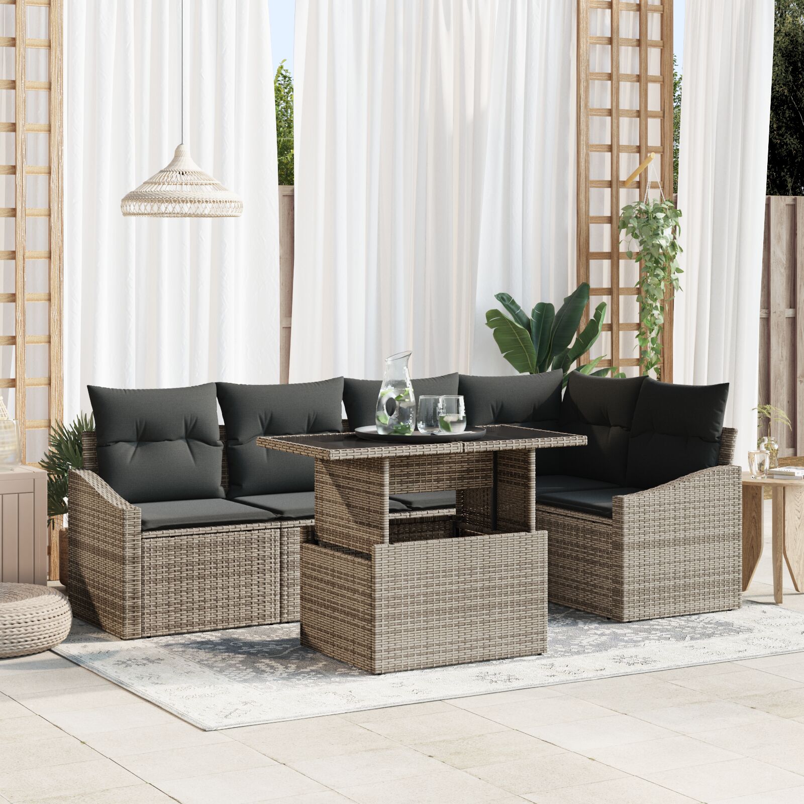 6-teiliges Garten Sofa Set mit Kissen Grau Poly Rattan