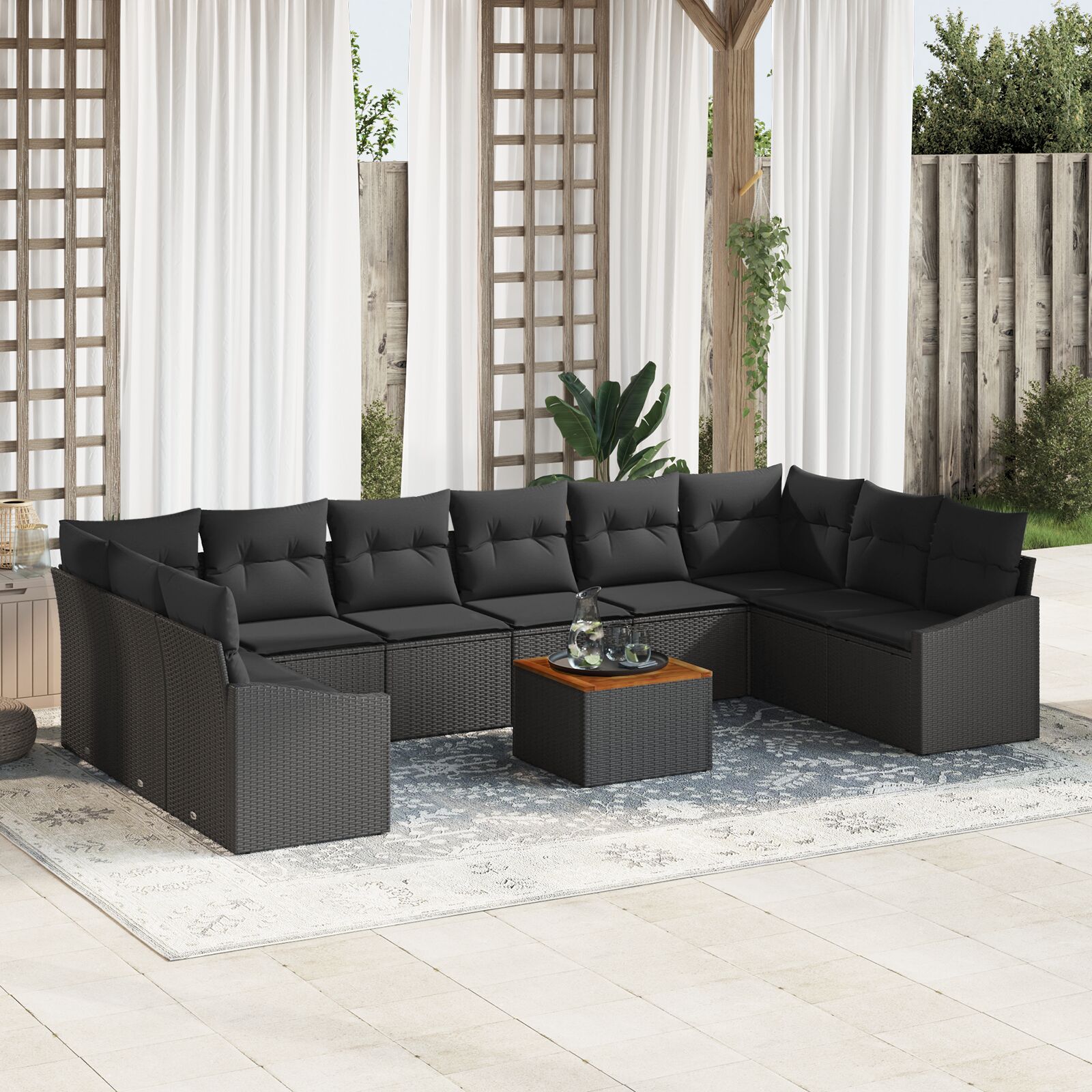 11-teiliges Garten Sofa Set mit Kissen Schwarz Poly Rattan Akazie