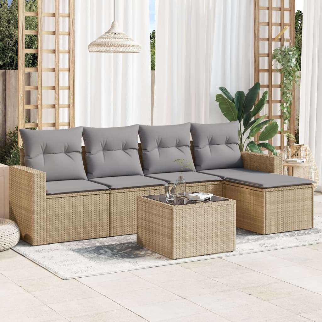 6-tlg. Garten-Sofagarnitur mit Kissen Beige Poly Rattan 6-tlg. Garten-Sofagarnitur mit Kissen Beige Poly Rattan