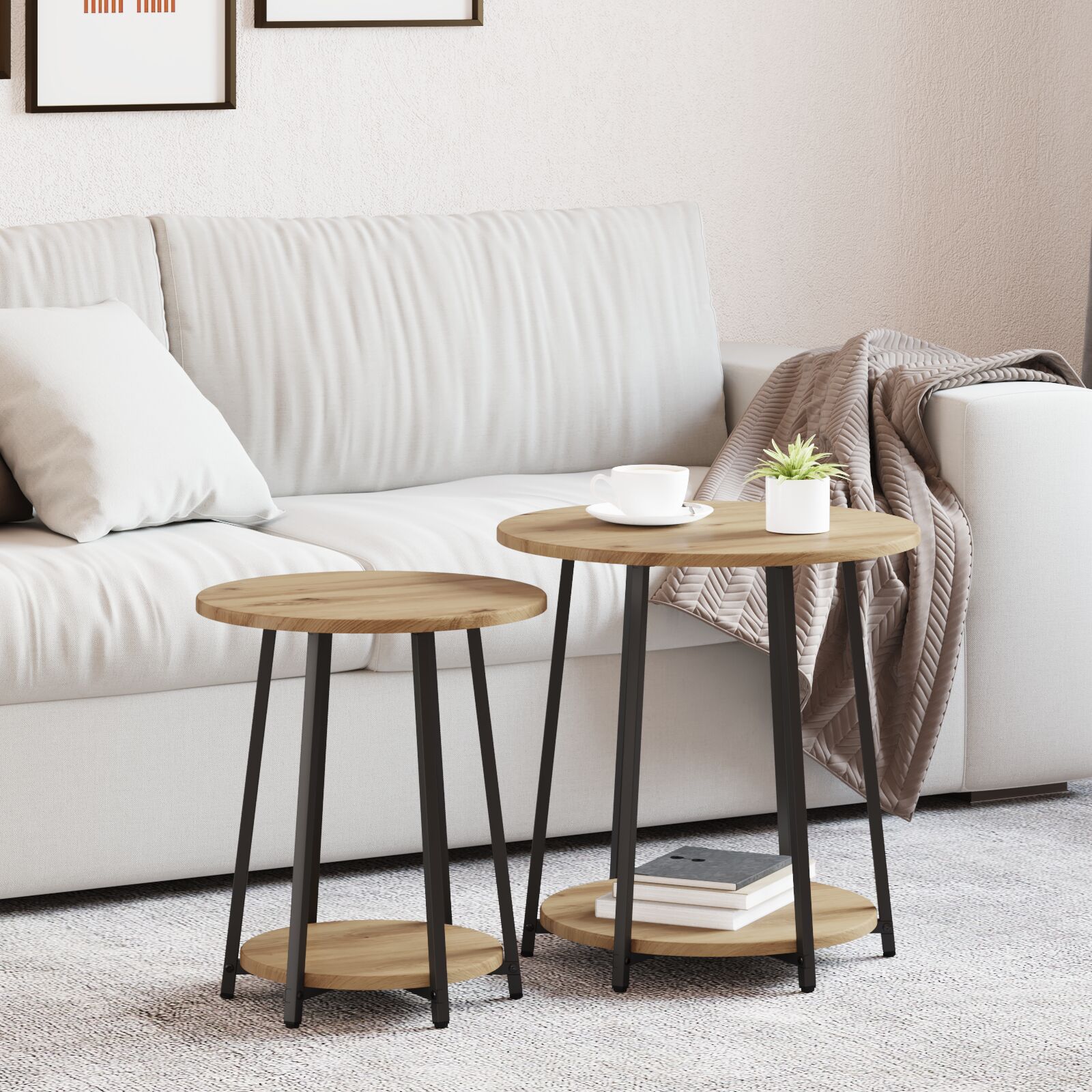 vidaXL Beistelltisch Set aus 2 in Artisan Eiche mit Holz und Metall